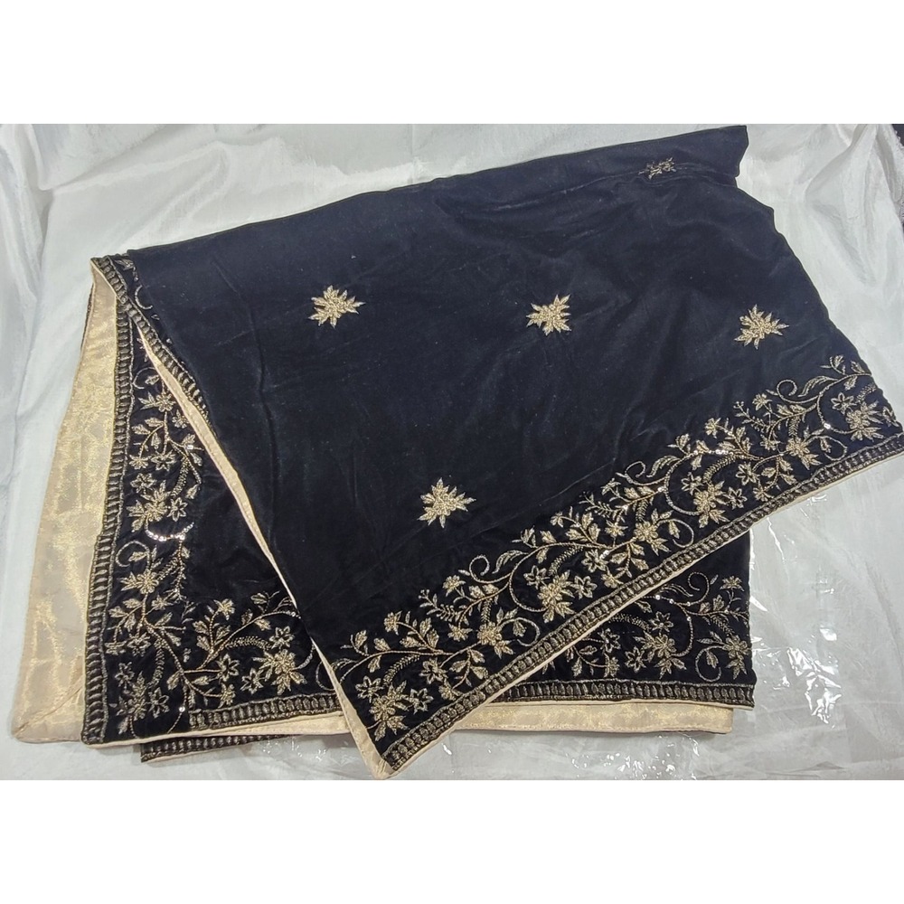 Micro Velvet Gold Foil Embroidered w/ Sequins Dupatta Stole 36" x 80" - Black
